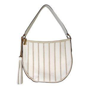 Michael Kors Brooklyn Appliqué Hobo Shoulder Bag White Leather Tassel Gold Logo